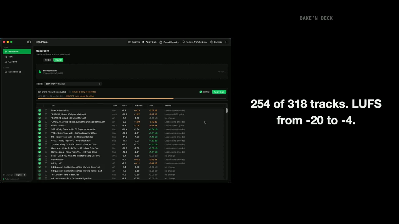 Bake'n Deck for Mac showing 254 of 318 tracks with LUFS, true peak, gain and method per track