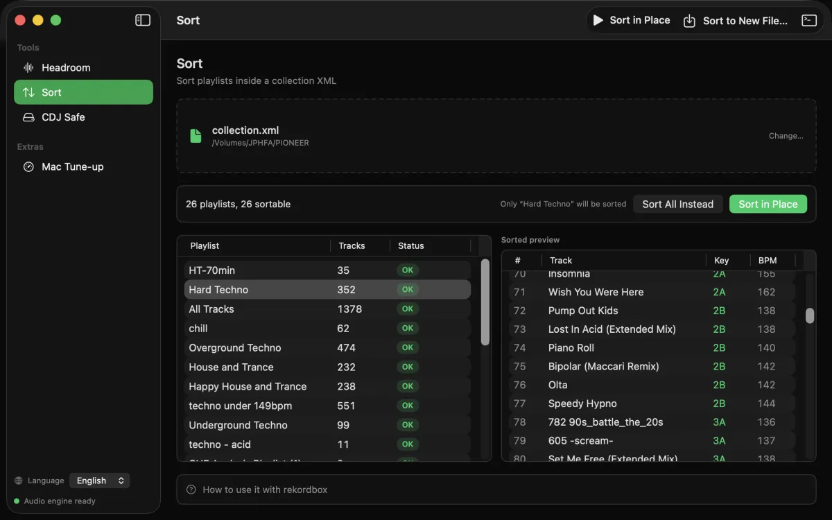 The Sort screen in Bake'n Deck: the playlist list, and the sorted preview with Key and BPM columns